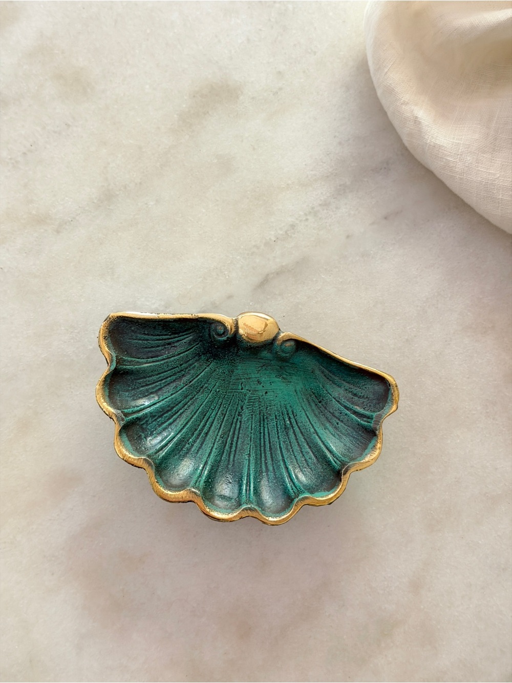 Scallop Shell Trinket Dish in Verdigris Green with Gold Trim